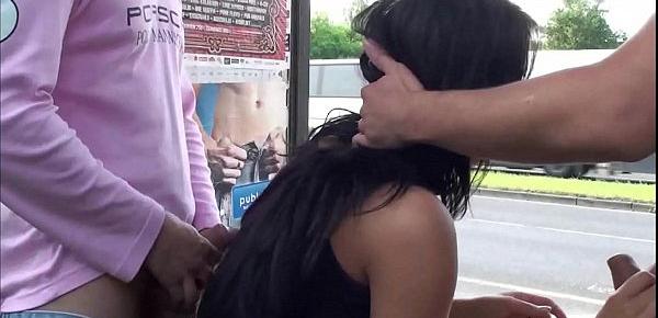  A pretty girl with big natural tits in public street threesome with high traffic